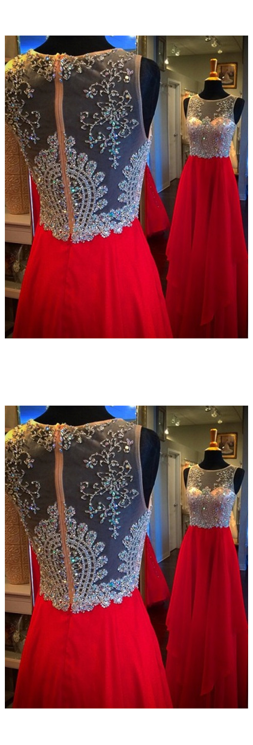 Red Sleeveless Beaded Floor Length Long Prom Dress 2017