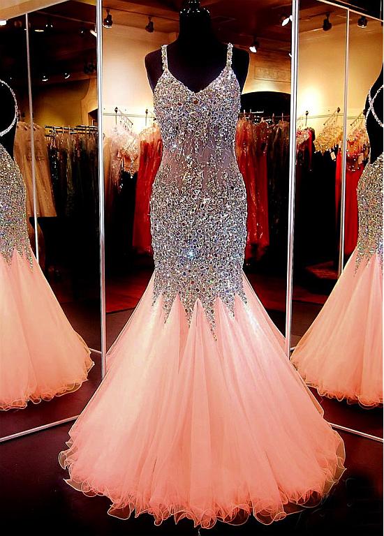 Chic Tulle Spaghetti Straps Neckline Floor-length Mermaid Prom Dress, Stunning Beaded Prom Dresses, Gorgeous Graduation Dresses