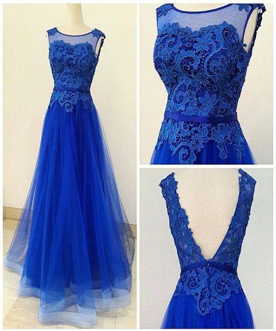 Charming Blue Prom Dresses, Blue Lace And Tulle Prom Dress, Elegant Formal Dress, Modest Prom Dress, A-line Evening Dress, Long Prom Dresses