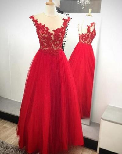 Red A-line Prom Dress,long Evening Dress,appliques Prom Dress ,charming Prom Dress