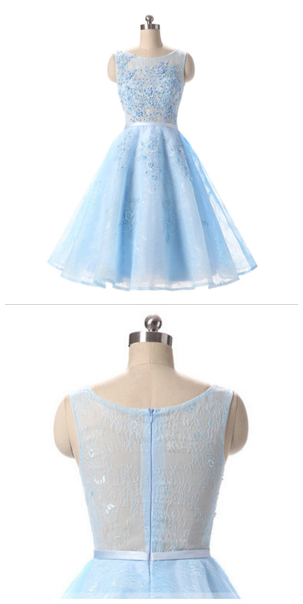 Bateau Neck Pearl Lace Appliques Short Prom Dress, Ice Blue A-line Sash Mini Prom Dress, Sweet See-through Lace Prom Dress