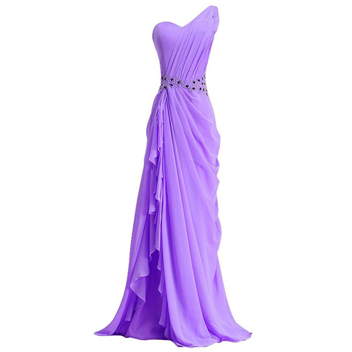 Ruched Lilac Long Sweep Train Prom Dress, Black Crystal Beaded Belt Sheath Prom Dress, Sweet One Shoulder Chiffon Prom Dress