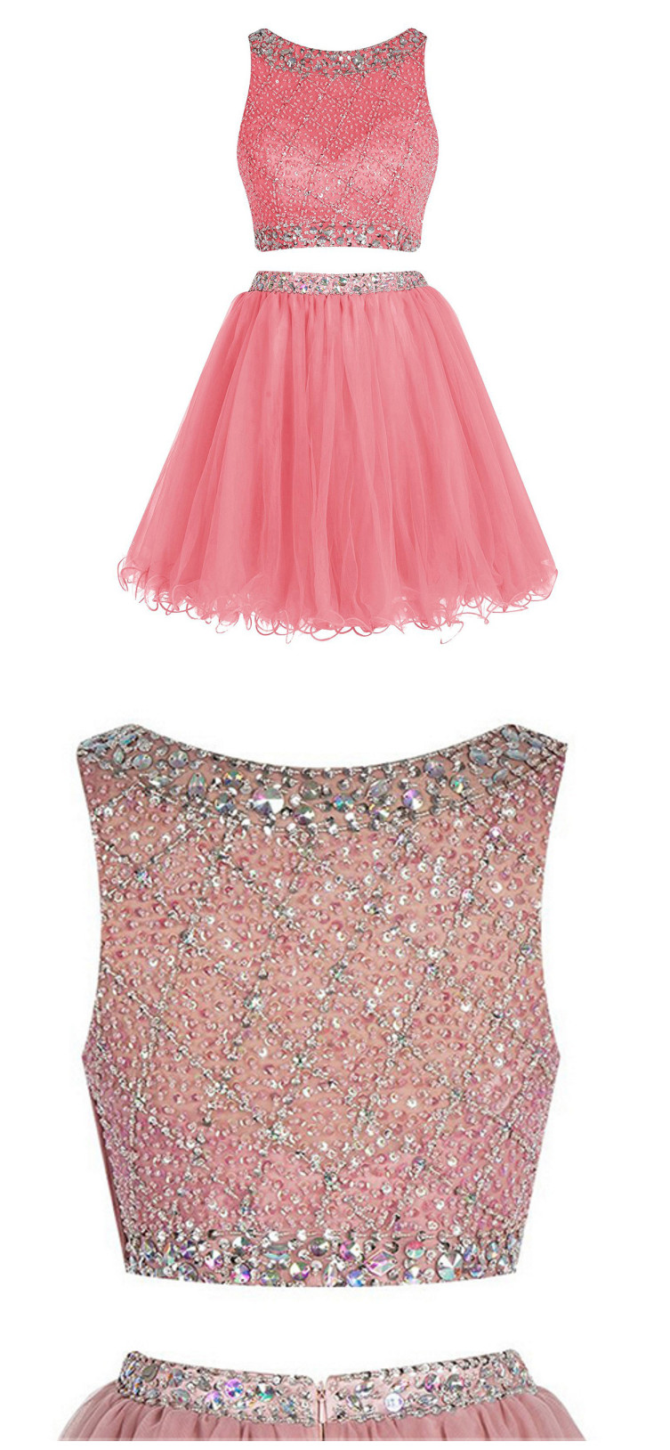 Bateau Neck Illusion Pink Short Prom Dress, Crystal Beaded Two Piece Prom Dress, Sequined Crop Top Tulle Mini Prom Dress