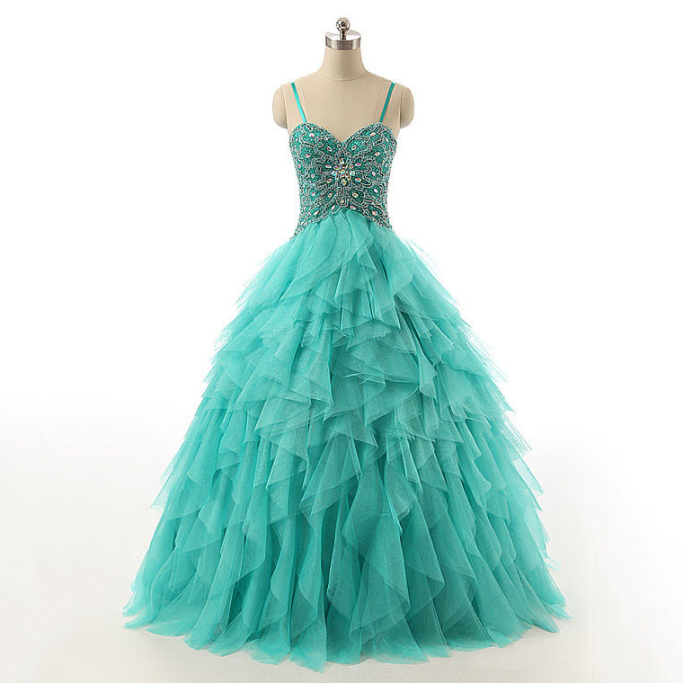 Spaghetti Straps Lace-up Beaded Long Prom Dress, Crystal Turquoise Ball Gown Prom Dress, Cascading Ruffles Tulle Prom Dress