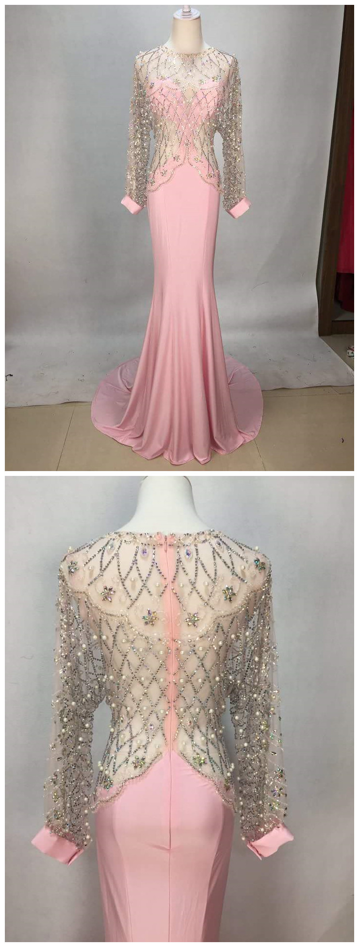 Sexy Pink Long Sleeve Beaded Chiffon Long Prom Dress Evening Dresses