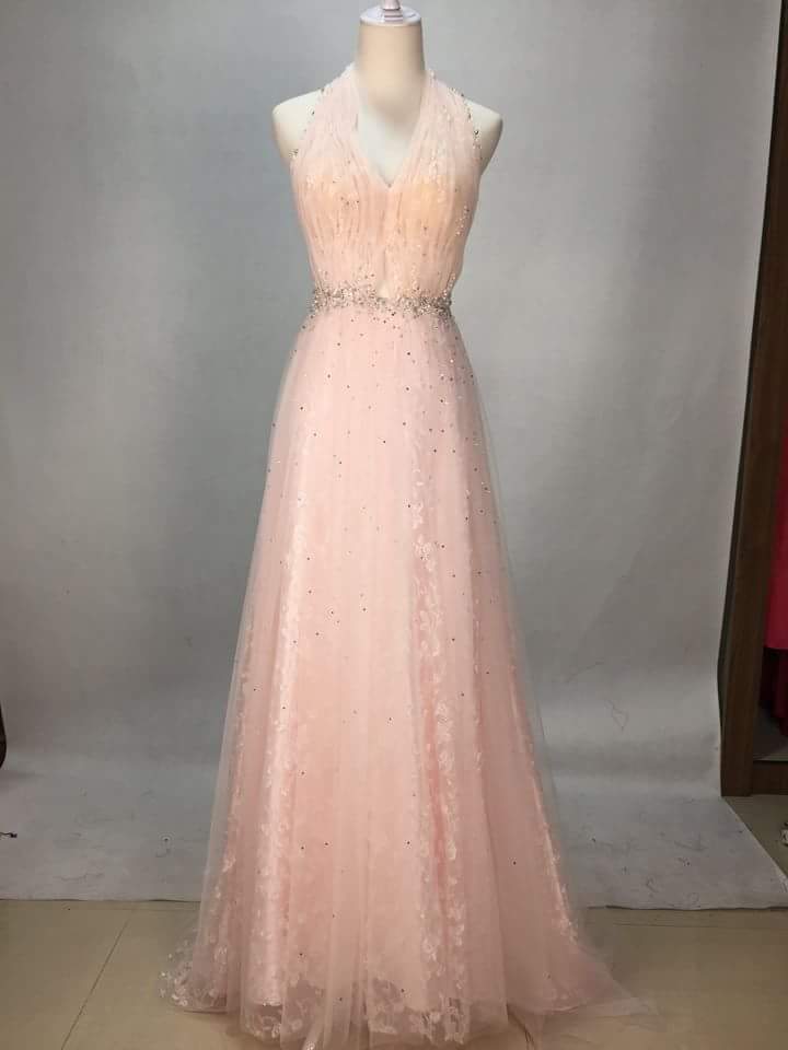 Sexy Pink Halte Neck Sleeveless Beaded Chiffon Long Prom Dress