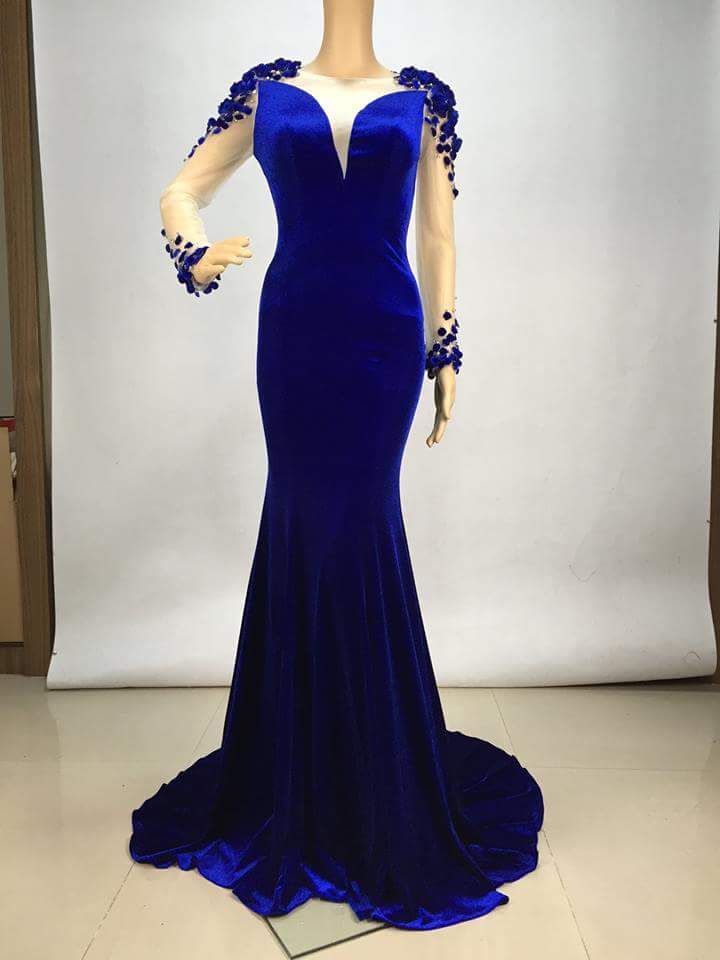 Sexy Royal Blue Long Sleeve Beaded Chiffon Long Prom Dress Evening