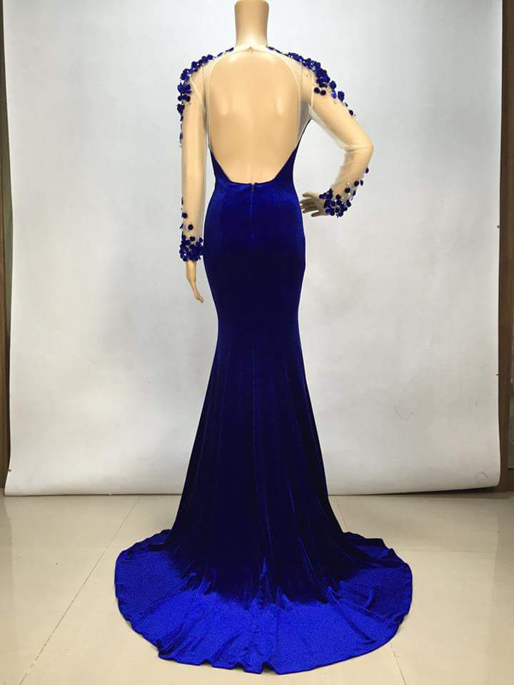 Sexy Royal Blue Long Sleeve Beaded Chiffon Long Prom Dress Evening