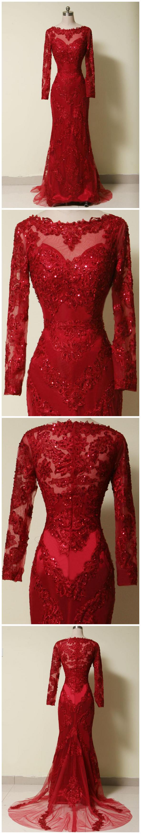 Elegant Long Sleeves Red Lace Mermaid Prom Dress 2017, Party Dress,evening Dress 2018