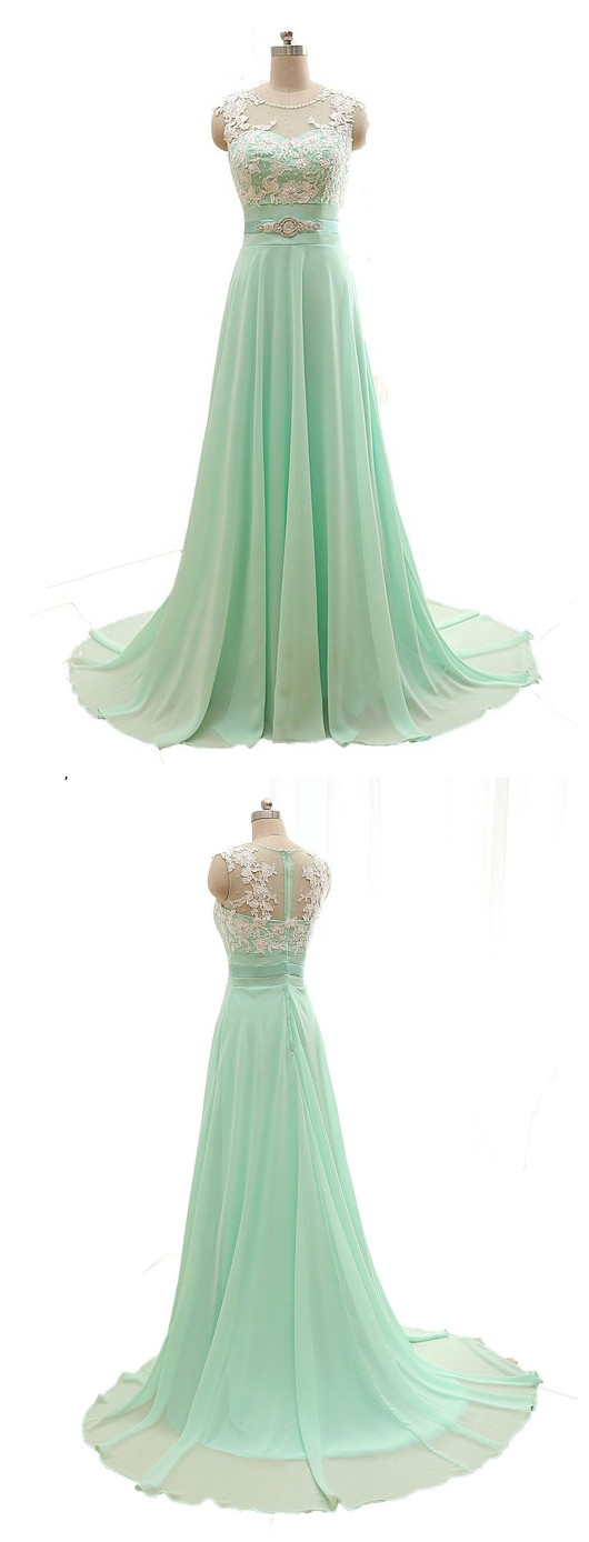 Custom Made Mint Green Sleeveless A-line Chiffon Bridesmaid Dress With Lace Applique