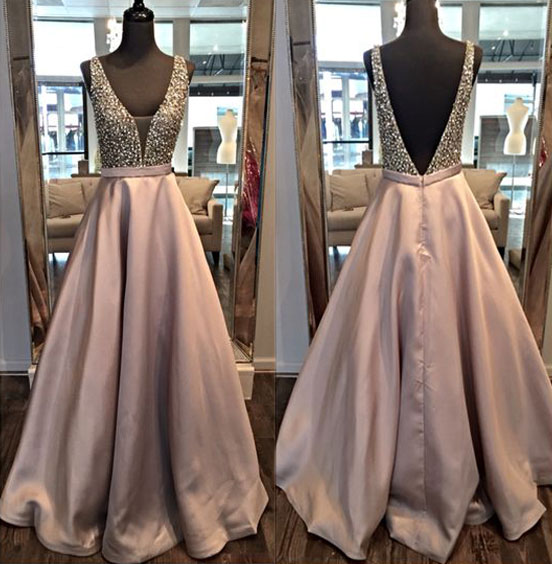Custom Made Plunging V-neckline Long Satin Bridesmaid Dress With Rhinestone And Crystal Beading