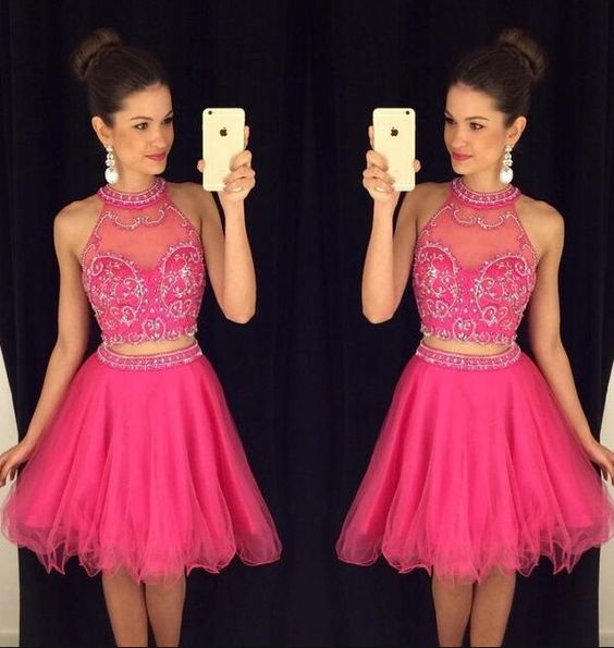 Sweetheart Two Pieces Homecoming Dresses, Pink Homecoming Dresses,tulle Homecoming Dresses,sleeveless Homecoming Dresses,sexy Homecoming