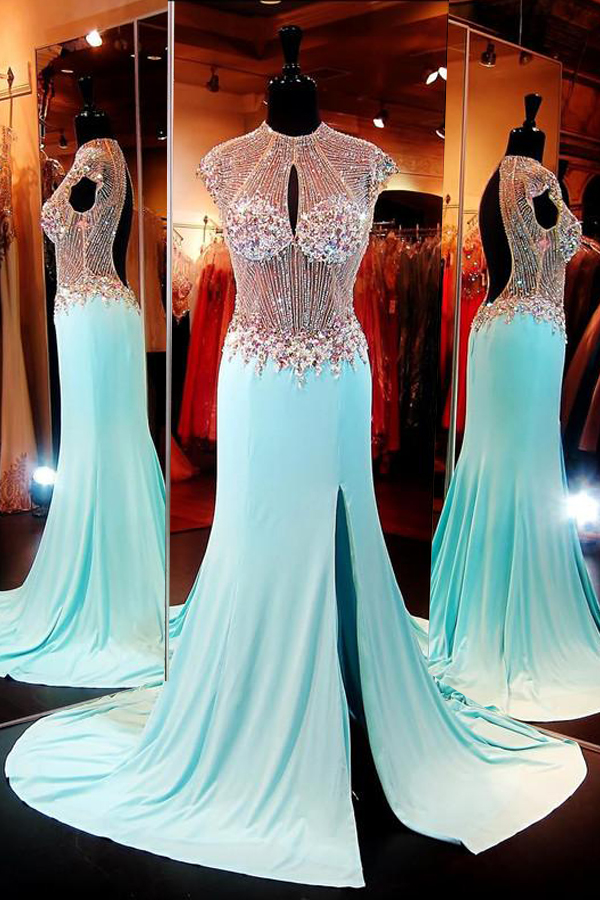 Mermaid Prom Dresses, Luxuriours High Neck Baby Blue Split Open Back Sweep Train Prom Dress With Beading