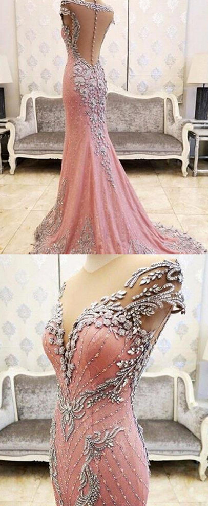 Prom Dress,modest Prom Dress,luxurious Crystal Pink Mermaid Evening Dress 2017 Zipper Button Back