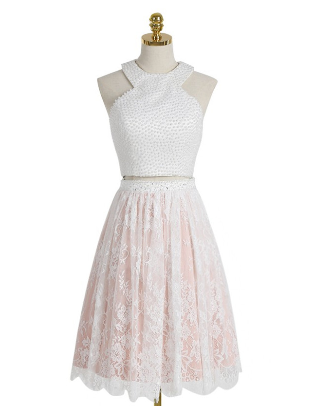 Two-piece Homecoming Dress Featuring Knee-length Lace Skirt And Cropped Beaded Halter Neck Bodice