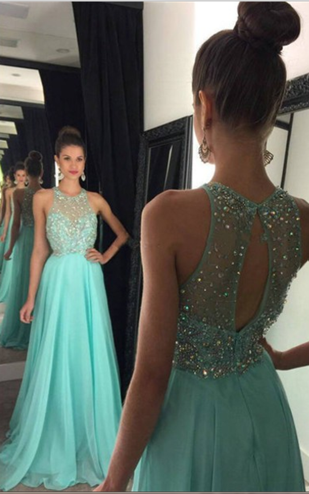 Prom Dress,modest Prom Dress,a-line Prom Dresses 2017 O-neck Sleeveless Backless Sweep Train Chiffon With Crystal Long Party Dress Sexy Formal