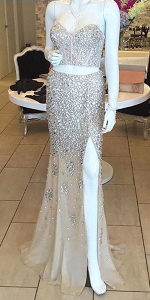 Prom Dress,modest Prom Dress,two Piece Crystal Mermaid Prom Dresses ,pageant Evening Gowns Long With Slit