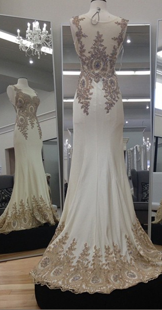 Prom Dress,modest Prom Dress,ivory Chiffon Gold Lace Appliques Mermaid Evening Dresses Long Prom Gowns