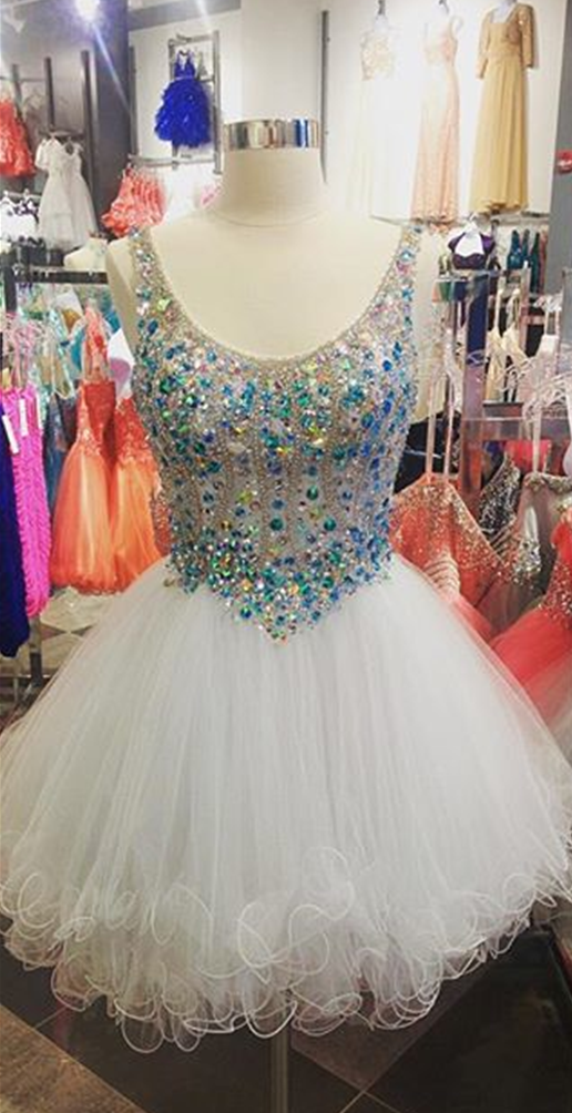 white dress with turquoise beading Turquoise Beaded Scoop Neck Organza Ruffles White Homecoming Dresses 2017 Short Prom Gowns