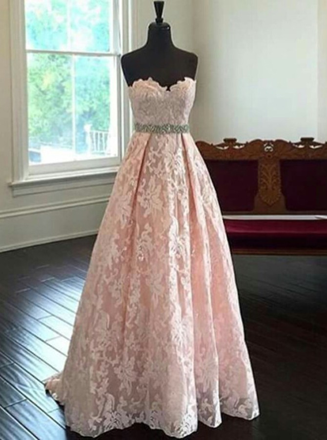 Charming Sweetheart Sweep Train Pearl Pink Lace Pro Dress With Beading Waist