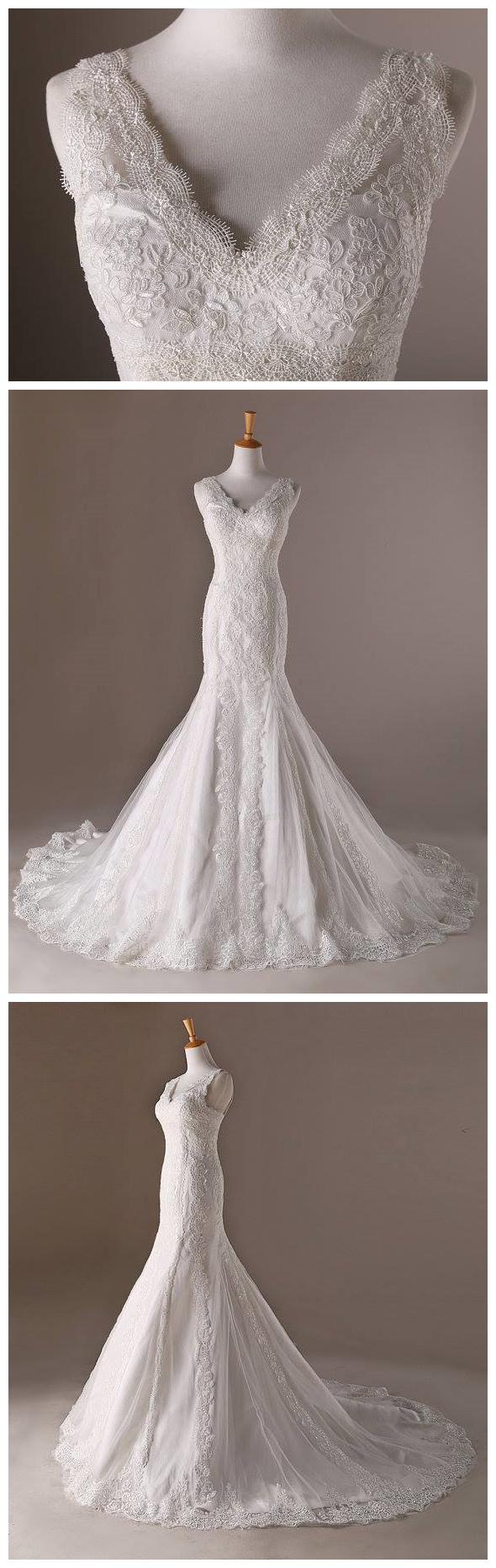 Wedding Dresses, Wedding Gown,v Neck White Lace Mermaid Wedding Dresses 2017 Vintage Bridal Gowns