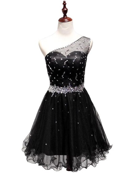 Black Beaded Embellished Short Tulle Homecoming Dress Featuring One Shoulder Bodice