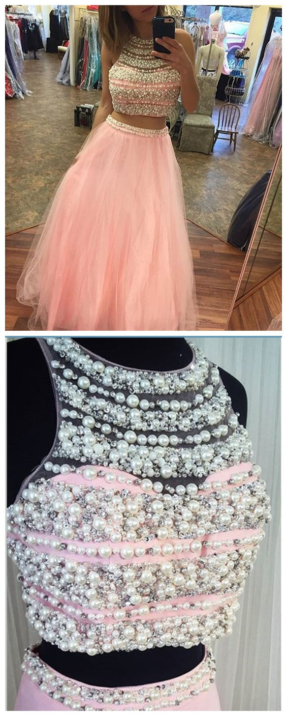 Prom Dress,modest Prom Dress,long Pink Mermaid Prom Dresses,two Piece Prom Gowns With Pearl Beaded,sexy Prom Dress