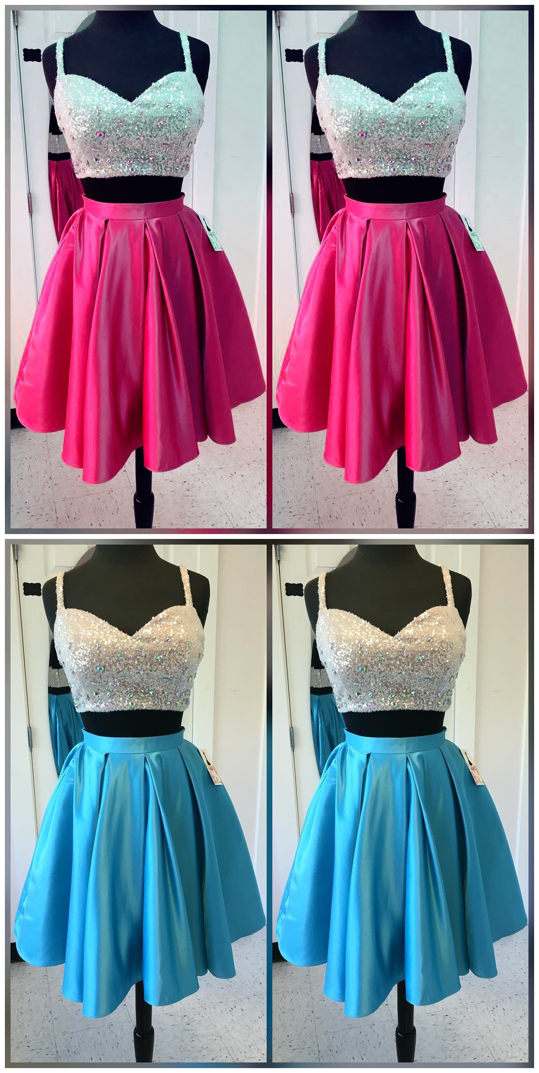 Homecoming Dresses,women's Party Dresses,short Satin Two Piece Homecoming Dresses With Sequin Top,sparkly Prom Gowns,short Cocktail