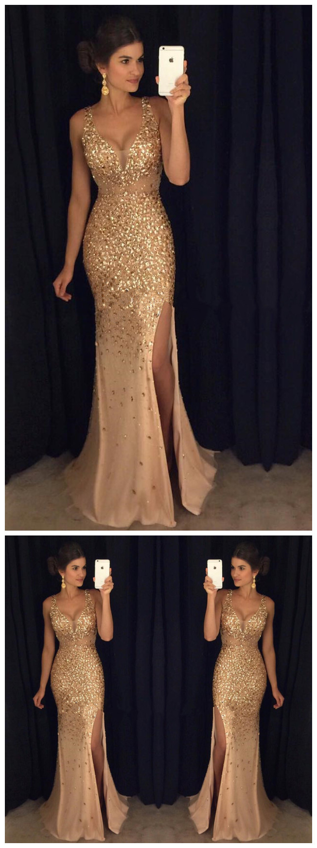 Sexy Spaghetti Straps Sweetheart Long Champagne Crystal Beaded Mermaid Evening Dresses 2017 Long Prom Gowns