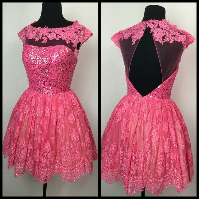 Homecoming Dress,pink Lace Homecoming Dresses Cap Sleeves Open Back Prom Dresses Short 2017 Homecoming Dress