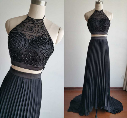 Beaded Prom Dress,two Pieces Prom Dress,halter Prom Dress,fashion Prom Dress,sexy Party Dress, 2017 Evening Dress