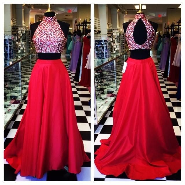 Halter Prom Dress,beaded Prom Dress,two Pieces Prom Dress,fashion Prom Dress,sexy Party Dress, Style Evening Dress