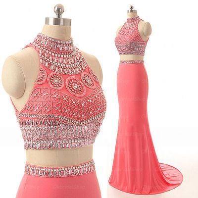Halter Prom Dress,two Pieces Prom Dress,beaded Prom Dress,fashion Prom Dress,sexy Party Dress, Style Evening Dress
