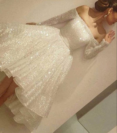 Prom Dress,sexy Prom Dress,prom Dress,white Sequins Long Sleeve Short Prom Dress,homecoming Dresses