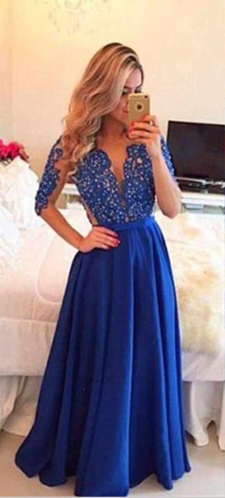 Prom Dress,long Prom Dresses,navy Blue Prom Dresses,half Sleeve See-through Evening Dress,formal Dress