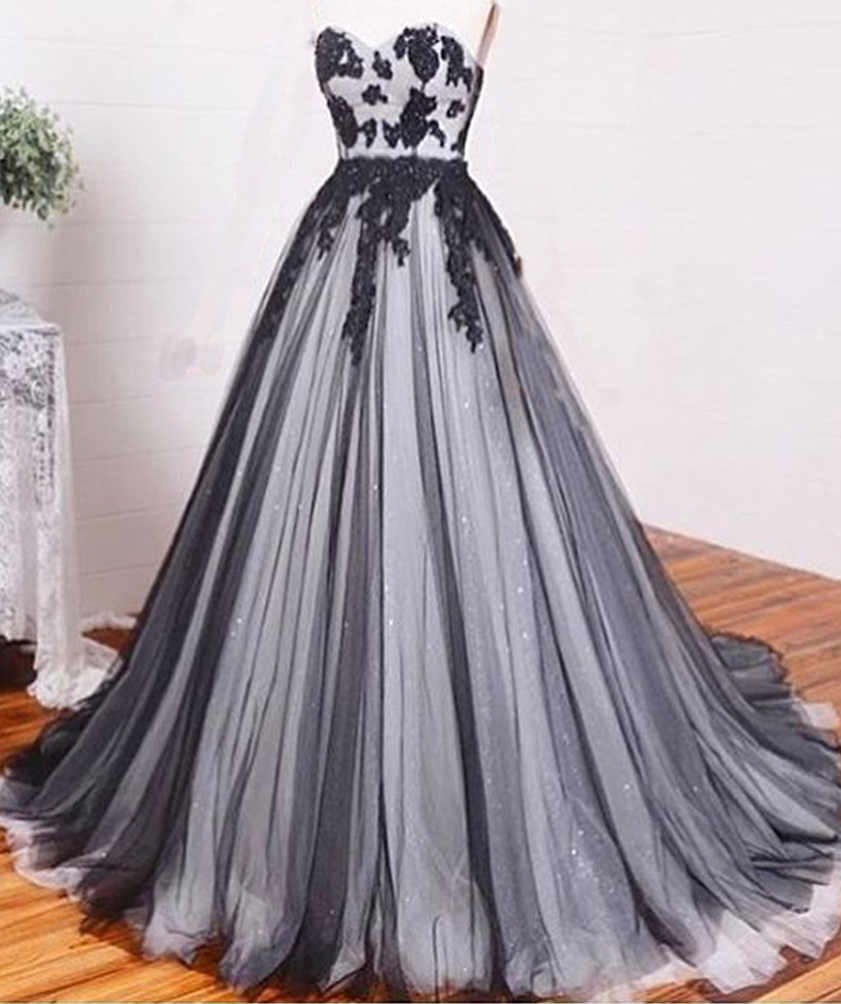 Prom Dress,lace Prom Dresses,a-line Black+white Tulle Lace Chiffon Long Evening Dress, Formal Dresses,grad Dresses,woman Dresses