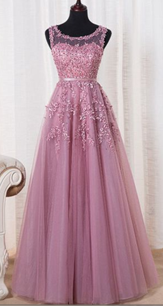 Prom Dress,a-line Pink Tulle Lace Long Prom Dress,formal Dress,party Gown