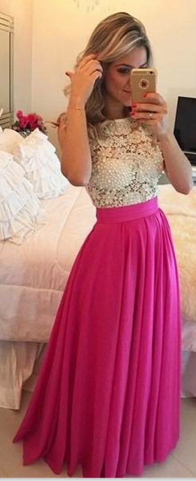 Elegant Lace Prom Dresses,pink Chiffon White Lace Formal Evening Gowns