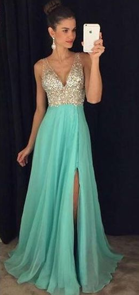 Blue Prom Dresses,chiffon Prom Dress,prom Gown,beaded Prom Dresses,slit Evening Gowns, Evening Dresses