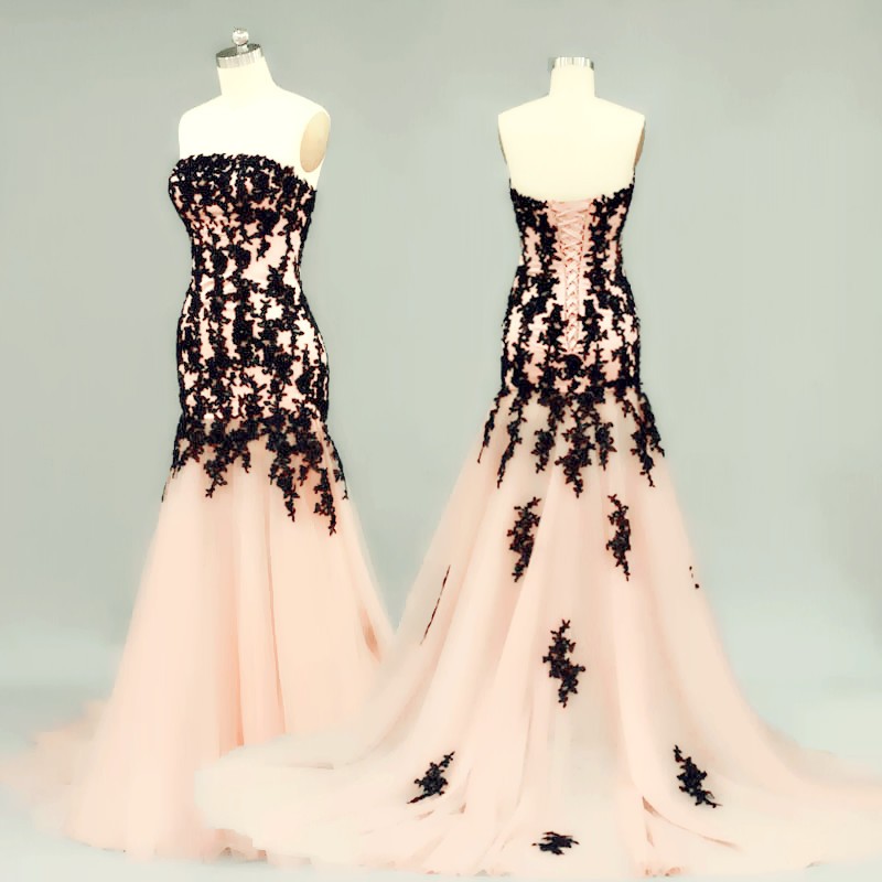 Charming Trumpet Pink Evening Dresses Lace Applique Strapless Long Elegant Prom Dress Robe De Soiree Formal Gowns