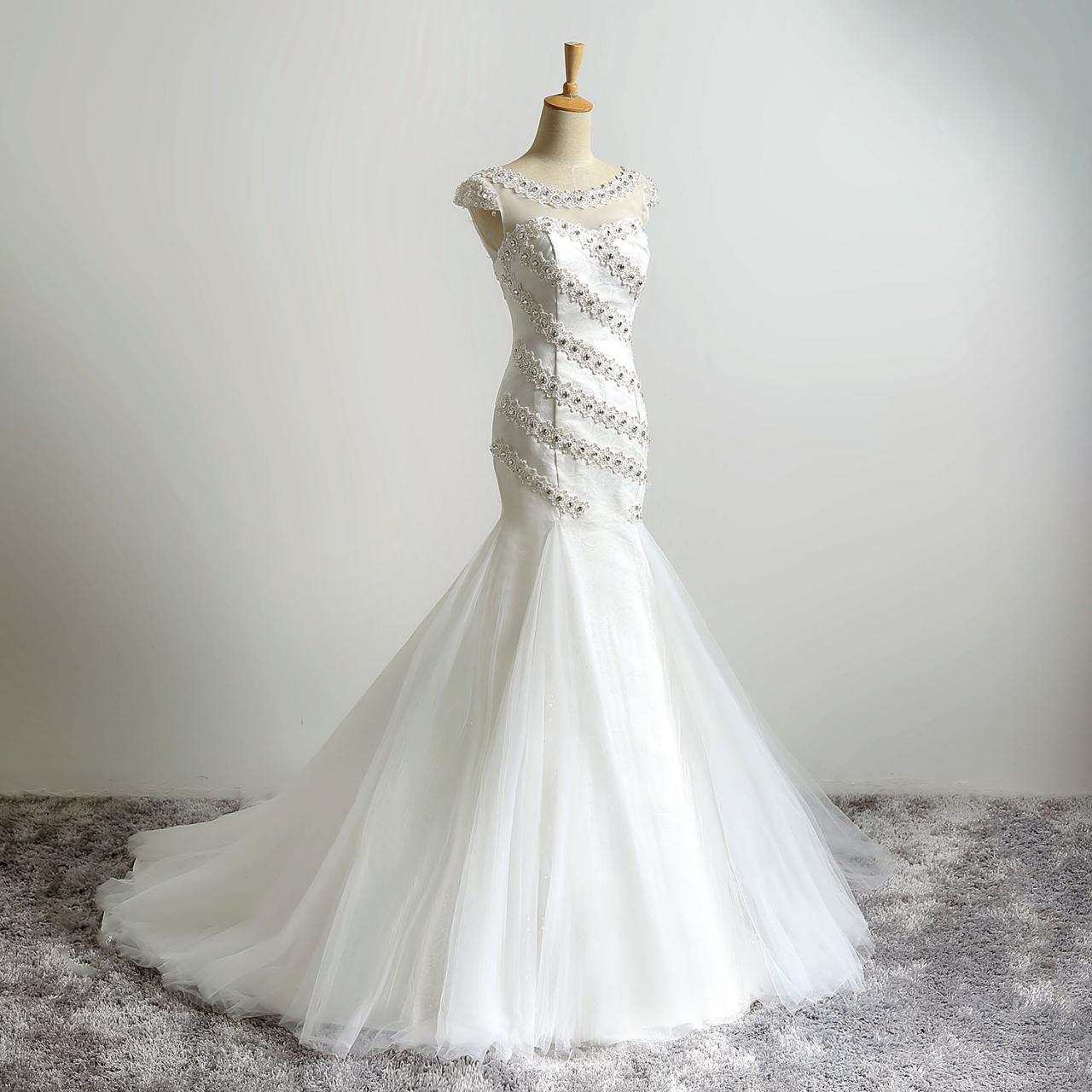 Ivory Illusion Jewel Neckline Mermaid Wedding Dresses Long Vintage Beaded Wedding Bridal Gowns