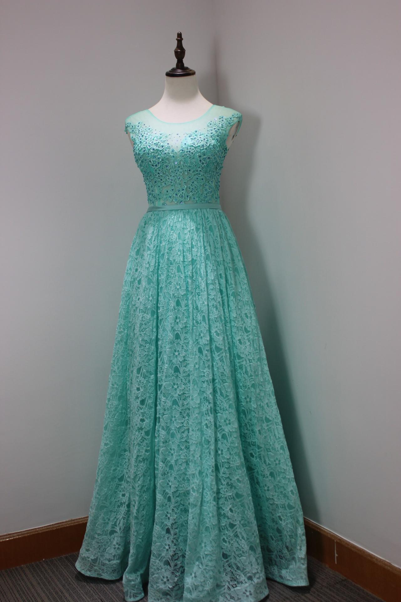 Charming Light Blue Lace Prom Dresses Long Elegant Sheer Neck See
