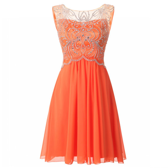 Charming Sheer Neck Chiffon Orange Homecoming Dresses,luxury Short Strapless Crystal Beaded Prom Dresses
