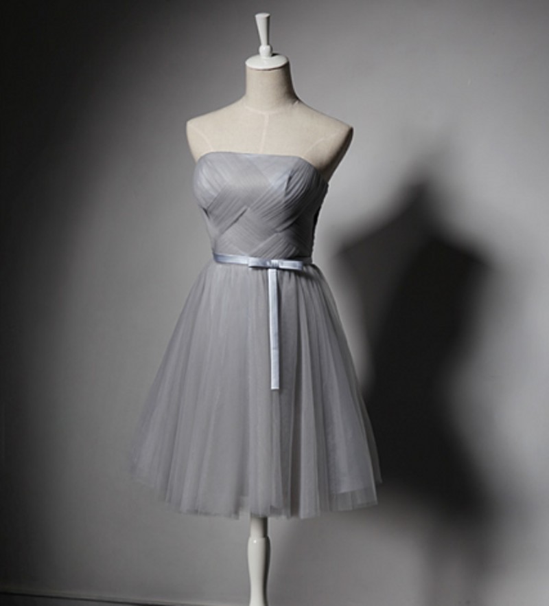 Grey Short Tulle Homecoming Dress Featuring Strapless Ruched Bodice With Bow Accent Belt And Lace-up Back