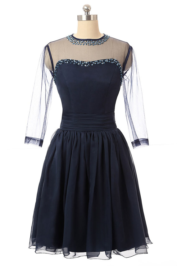 Navy Blue Long-sleeved Sheer Beaded Chiffon Short Homecoming Dress, Party Dress