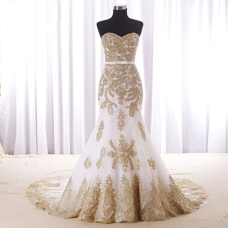 Real Wedding Dress Gold Lace Appliques Bridal Dresses Court Train Elegant Mermaid Wedding Dress