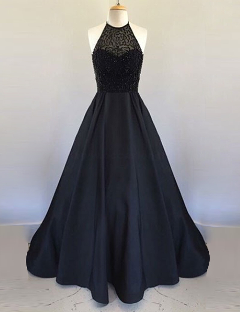 Prom Dresses A Line Halter Floor Length Black Pleated Prom Dress With Beading On Luulla