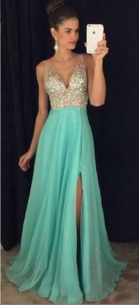 Blue Prom Dresses,chiffon Prom Dress,prom Gown,beaded Prom Dresses,slit Evening Gowns, Evening Dresses