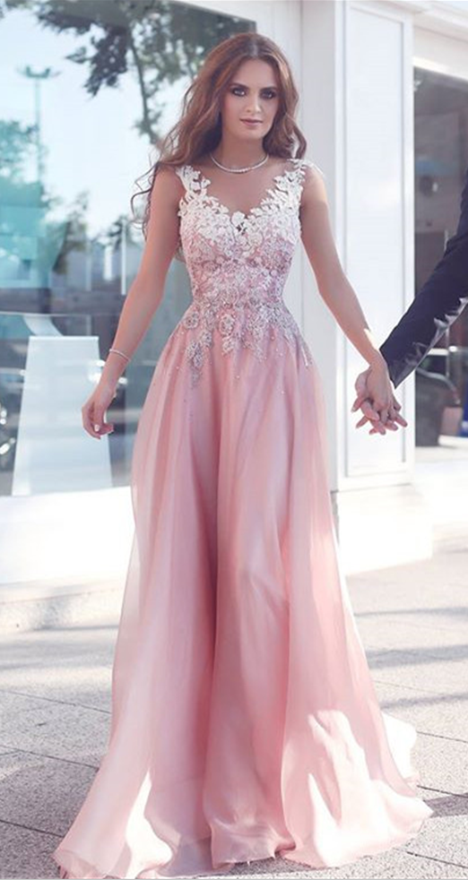 Appliques Pink Sleeveless A-Line Floor-Length Evening Gowns Prom Dress ...