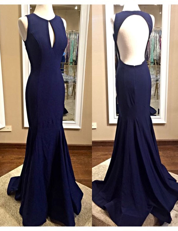 Navy Blue Mermaid Prom Dress, Long Evening Party Prom Dress,Open Back ...